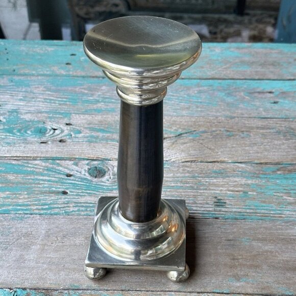 Pillar Candlestick Holder Stand Two-Tone Brass Chrome Metal 9.5" Heavy MCM VTG - Picture 2 of 9